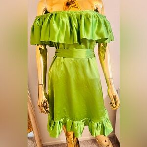 Betsey Johnson Vibrant Green Apple Wrap Ruffle Dress, Off Shoulders, Size 8, NWT